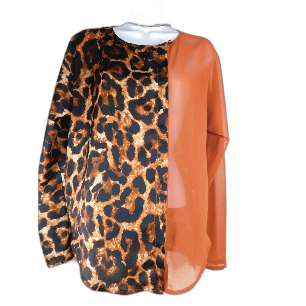Woman's Umgee Animal Print Top Sheer Sz. S Leopard Rust Hi Lo Hem Evening Date